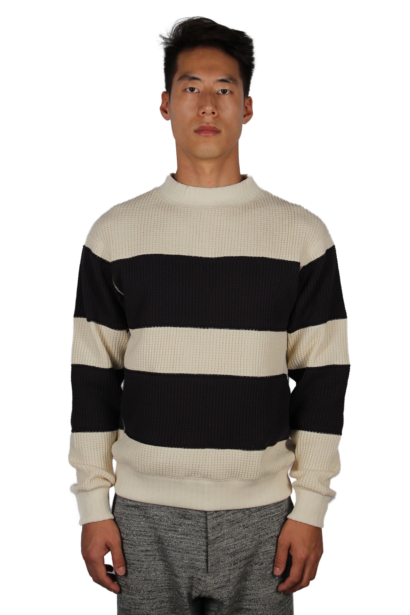 WAFFLE MIDNECK BORDER BIG WAFFLE JERSEY SWEATSHIRT IVORY OFF BLACK